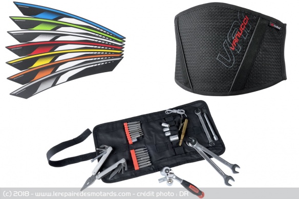 Bandes de jantes, ceinture lombaire et trousse d'outillage