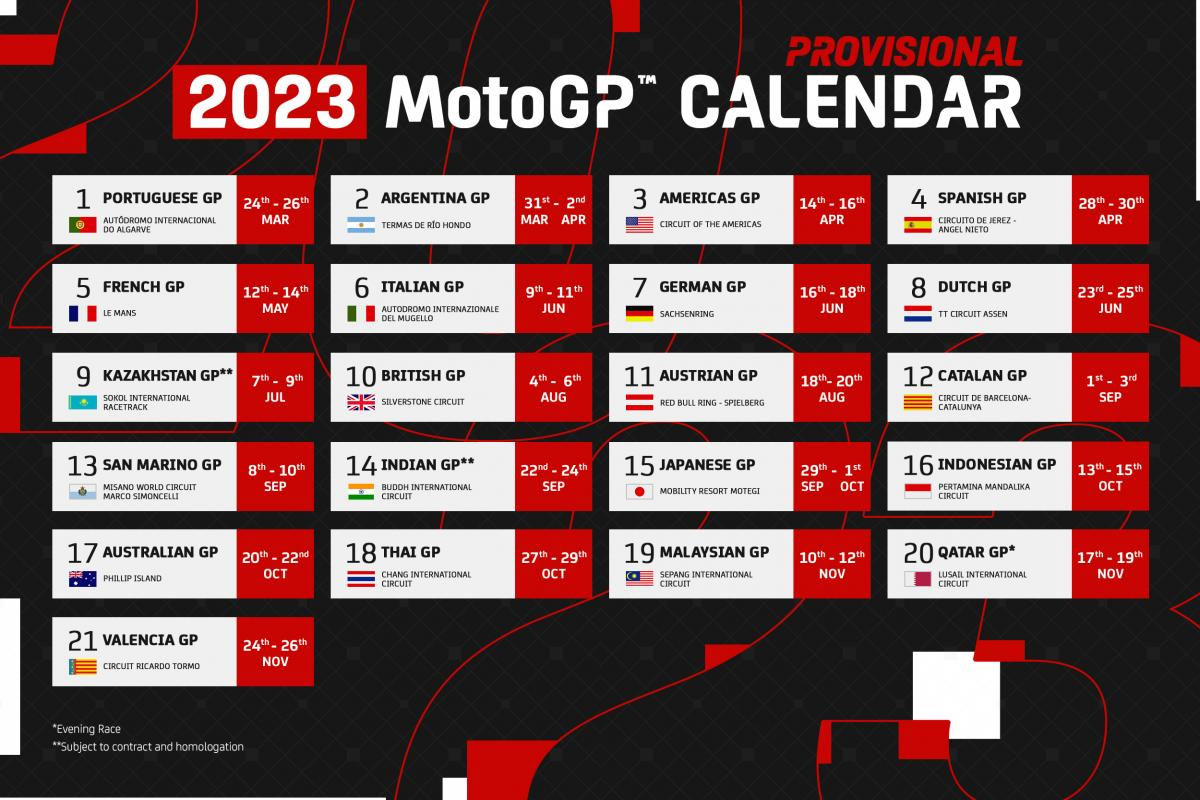 Calendrier MotoGP 21 Grands Prix motos en 2023