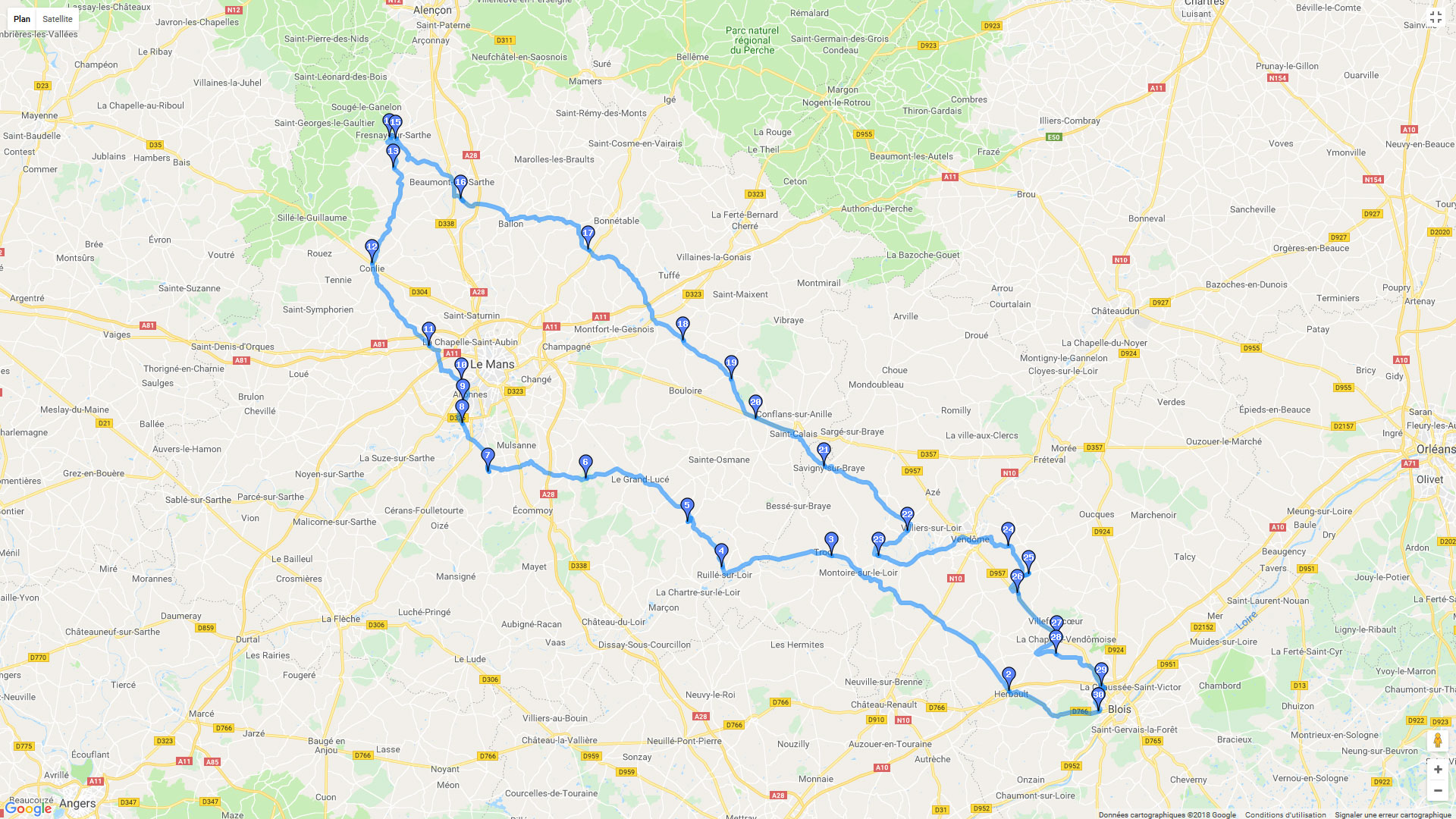 Carte roadbook Blois - Alpes Mancelles - Blois