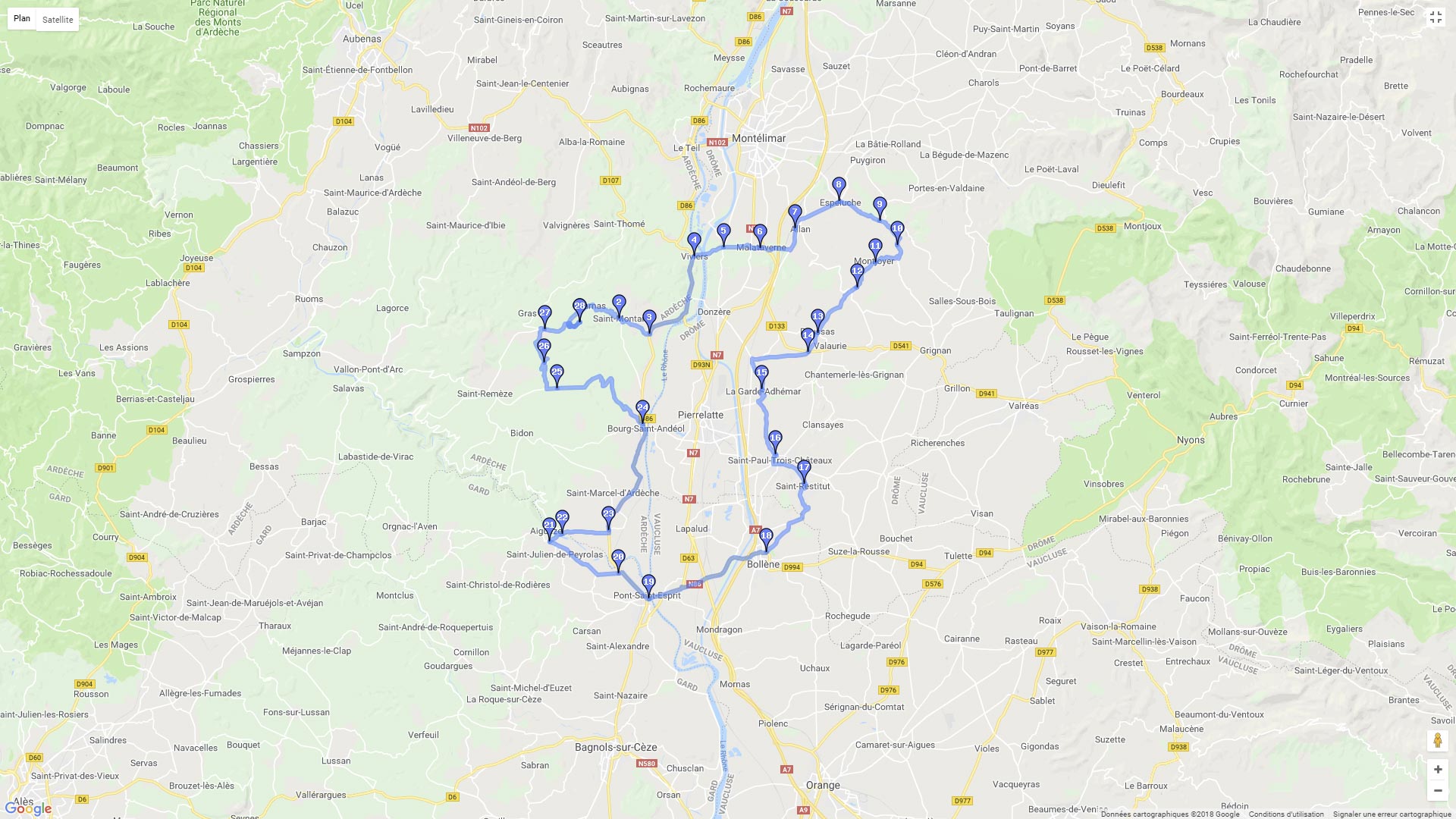 Carte roadbook La Vallée du Rhône et la plaine du Tricastin