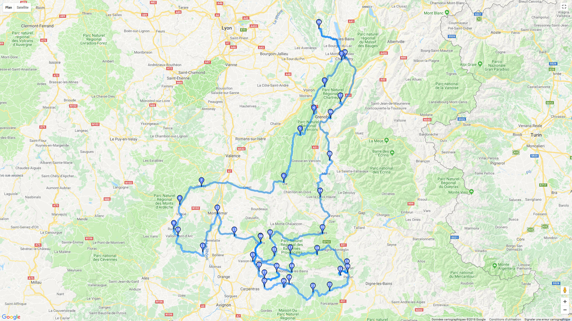 Pour zoomer sur la carte et avoir plus de détails, connectez-vous ! Carte roadbook De l'Ain à la Drôme en passant par l'Ardèche