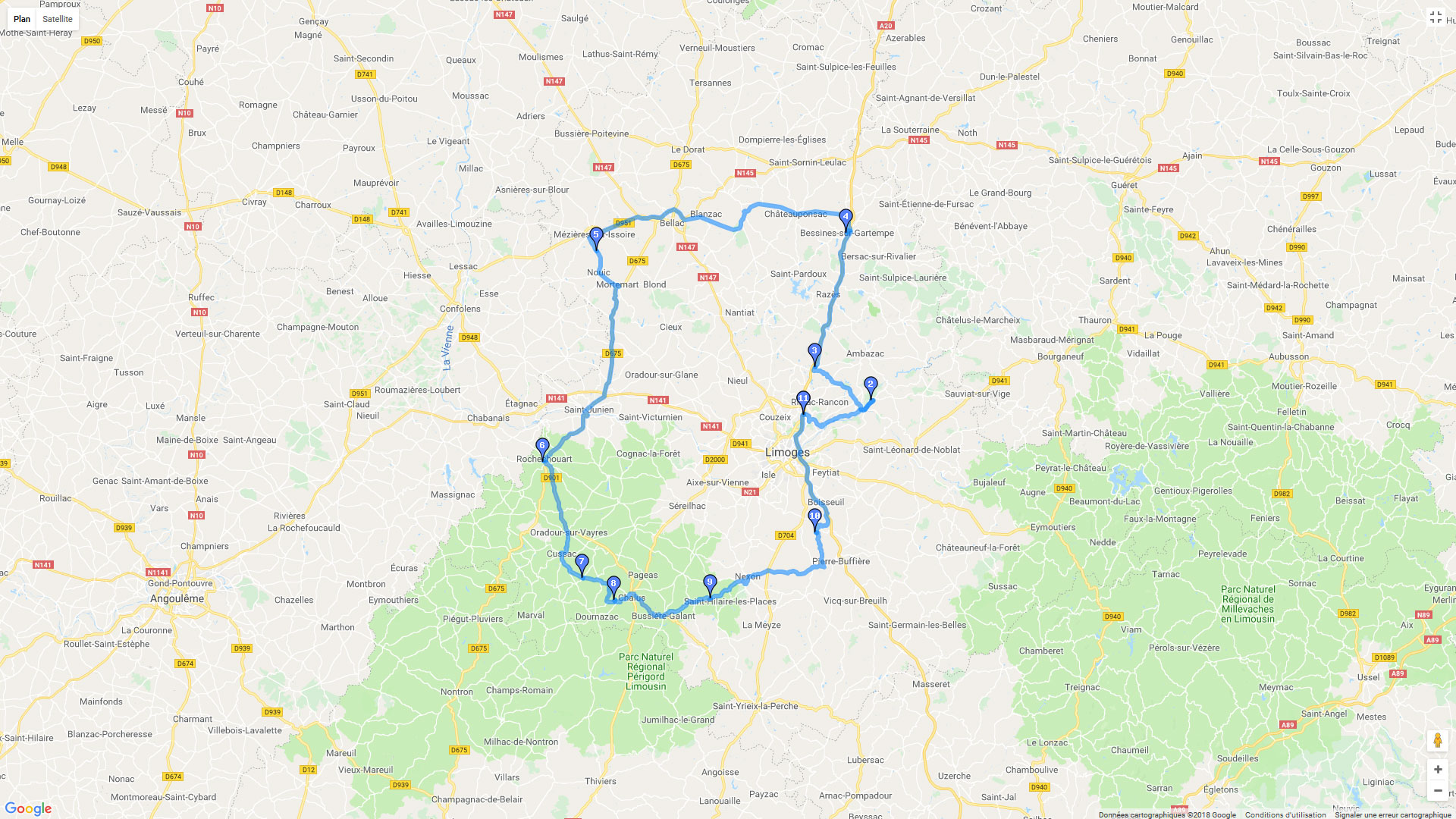 Pour zoomer sur la carte et avoir plus de détails, connectez-vous ! Carte roadbook Les Châteaux de la Haute Vienne