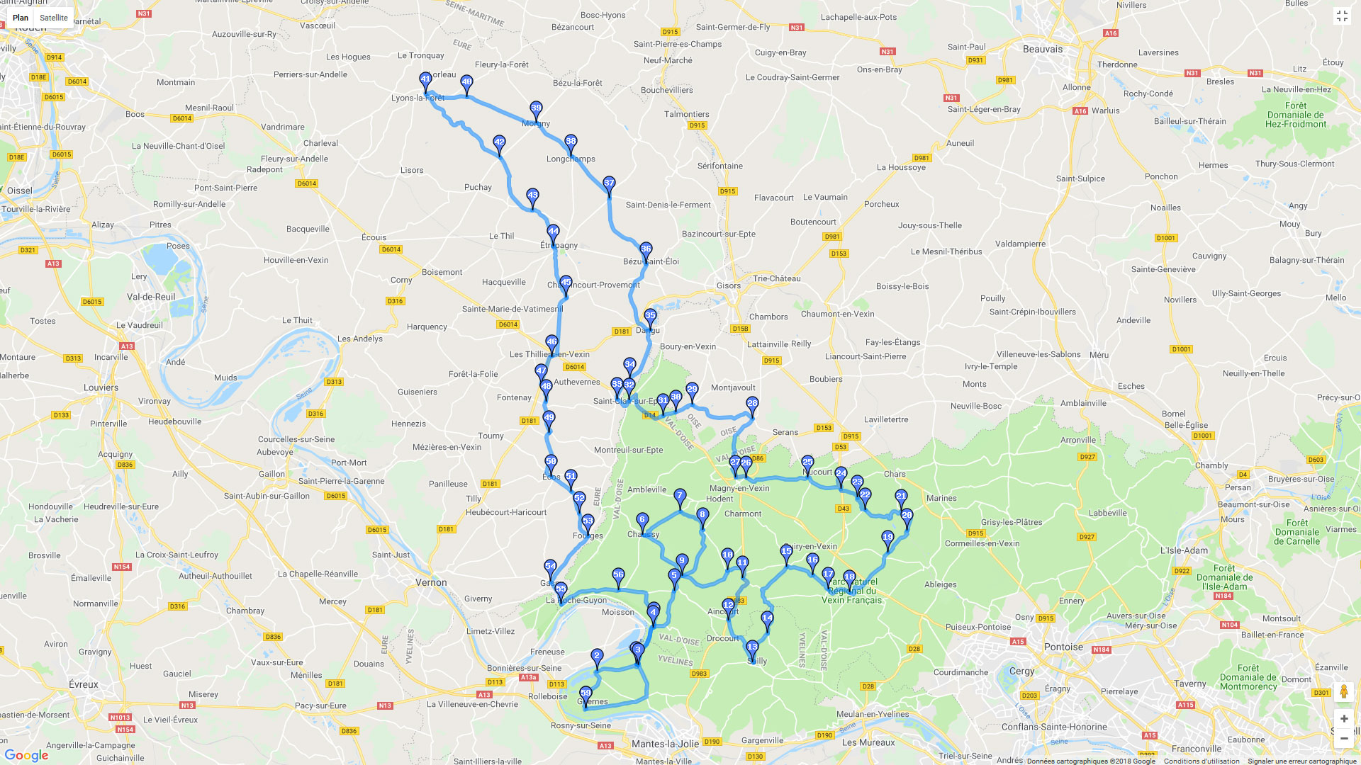 Pour zoomer sur la carte et avoir plus de détails, connectez-vous ! Carte roadbook Vexin - Forêt de Lyons
