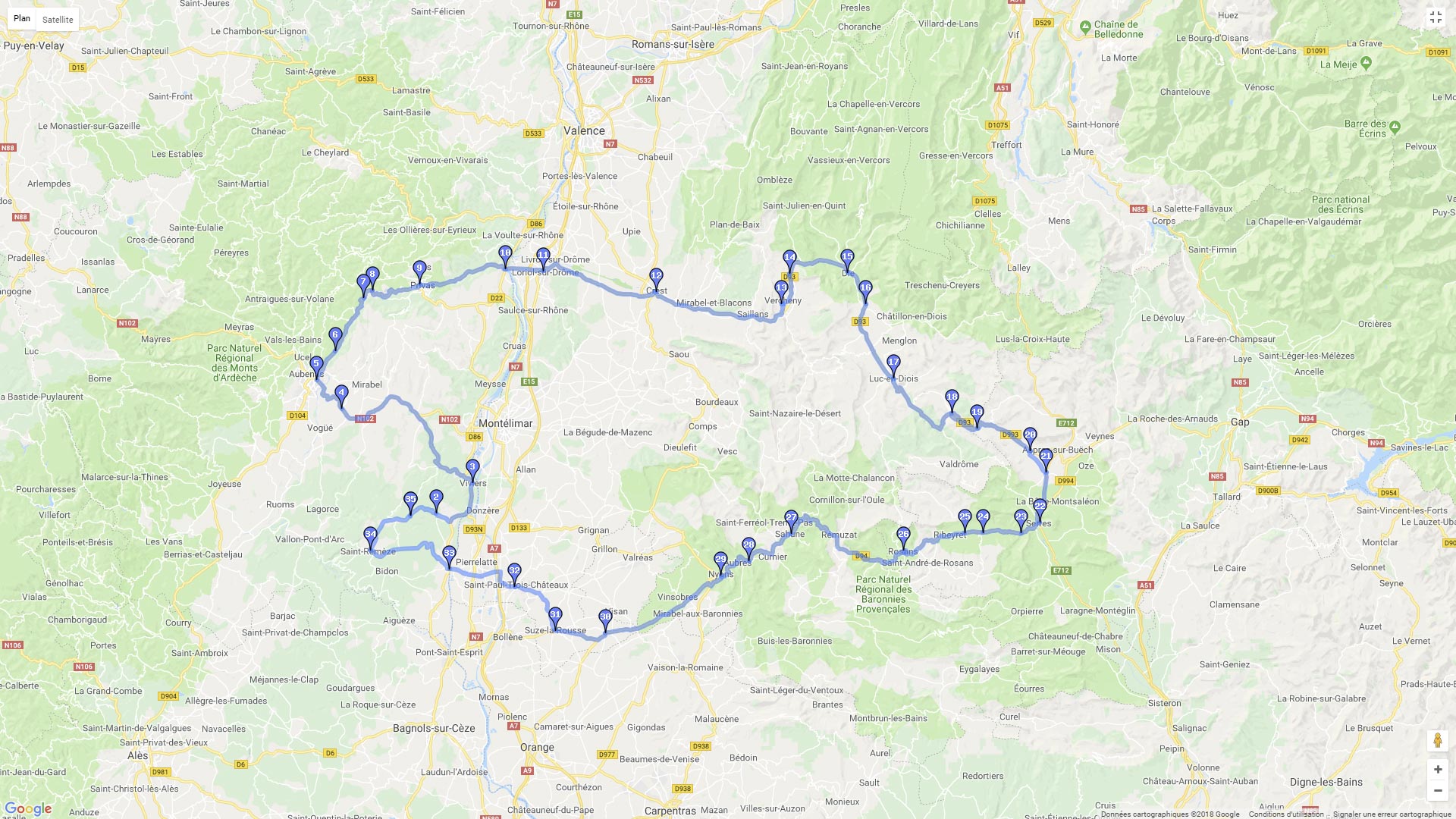 Carte roadbook Balade XXL de l'Ardèche aux Alpes