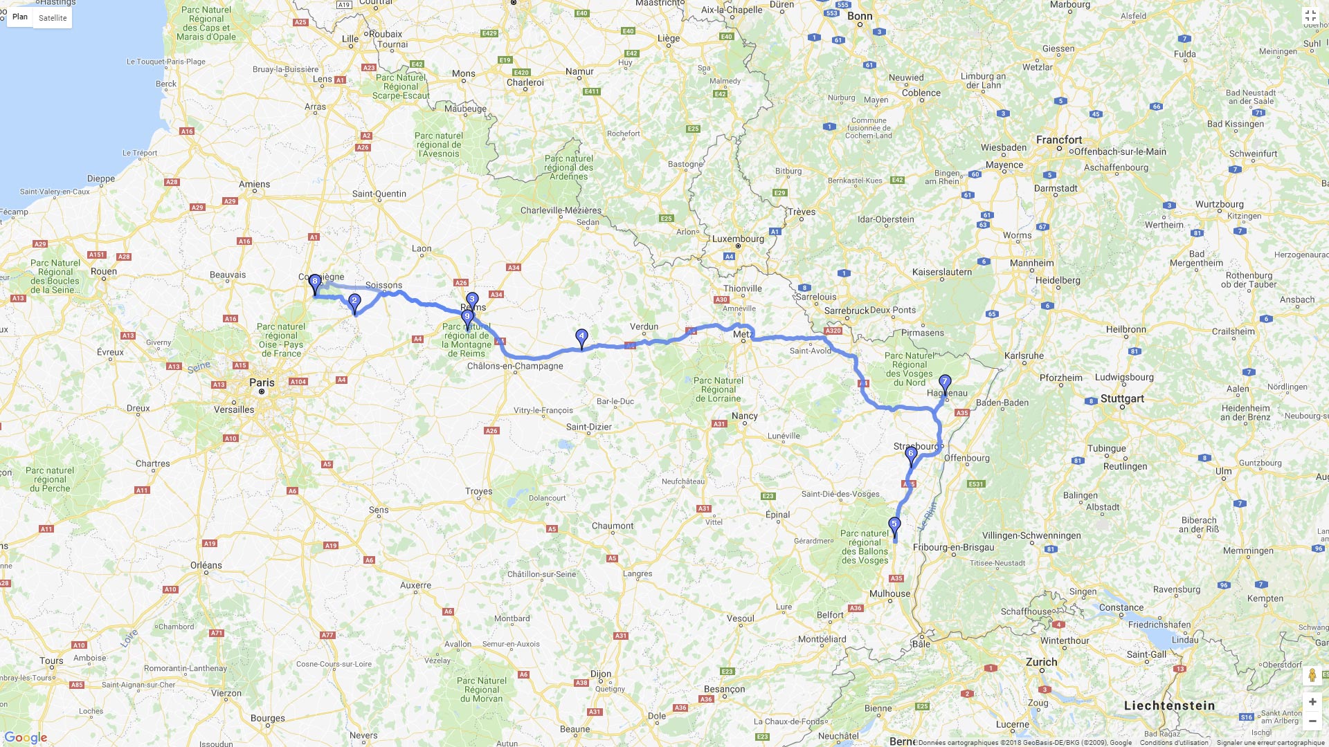 Pour zoomer sur la carte et avoir plus de détails, connectez-vous ! Carte roadbook Vignes de Champagne et d'Alsace