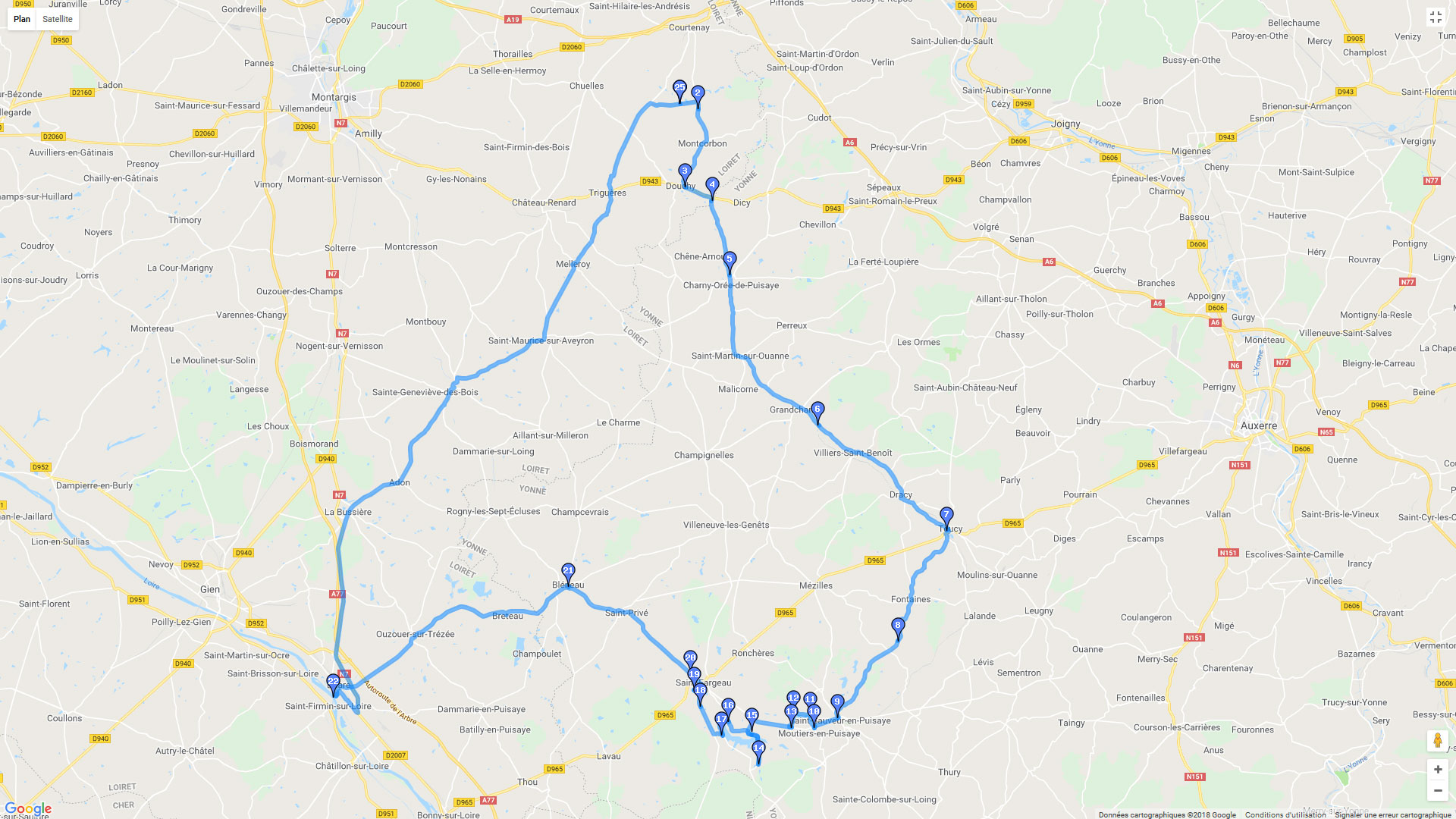 Carte roadbook Boucle Yonne/Loiret