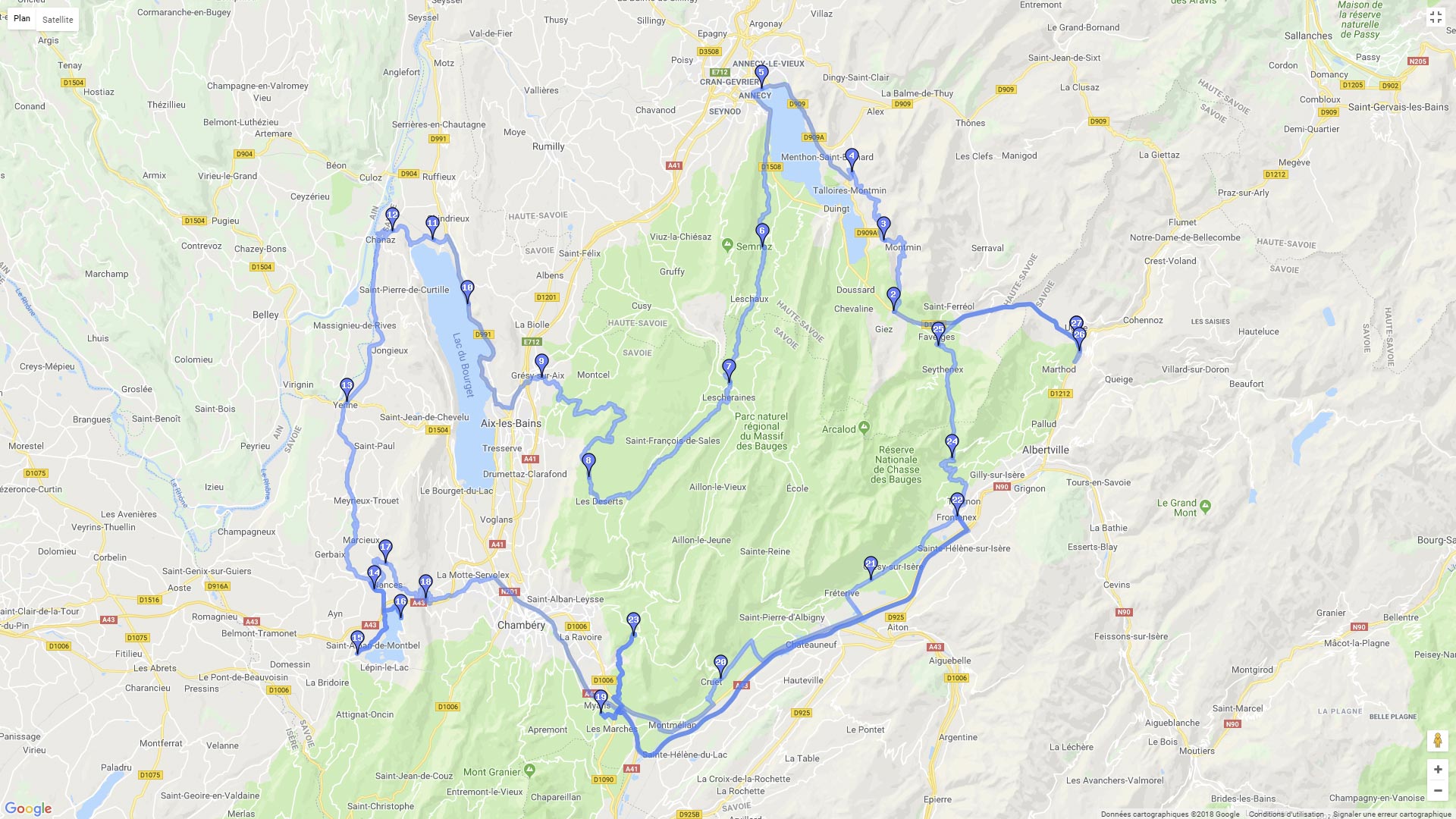 Pour zoomer sur la carte et avoir plus de détails, connectez-vous ! Carte roadbook Les Lacs de Savoie