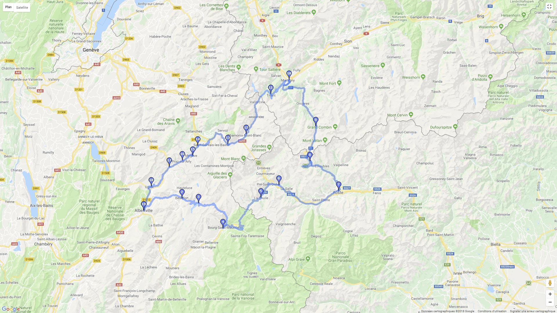 Carte roadbook Le Tour du Mont Blanc