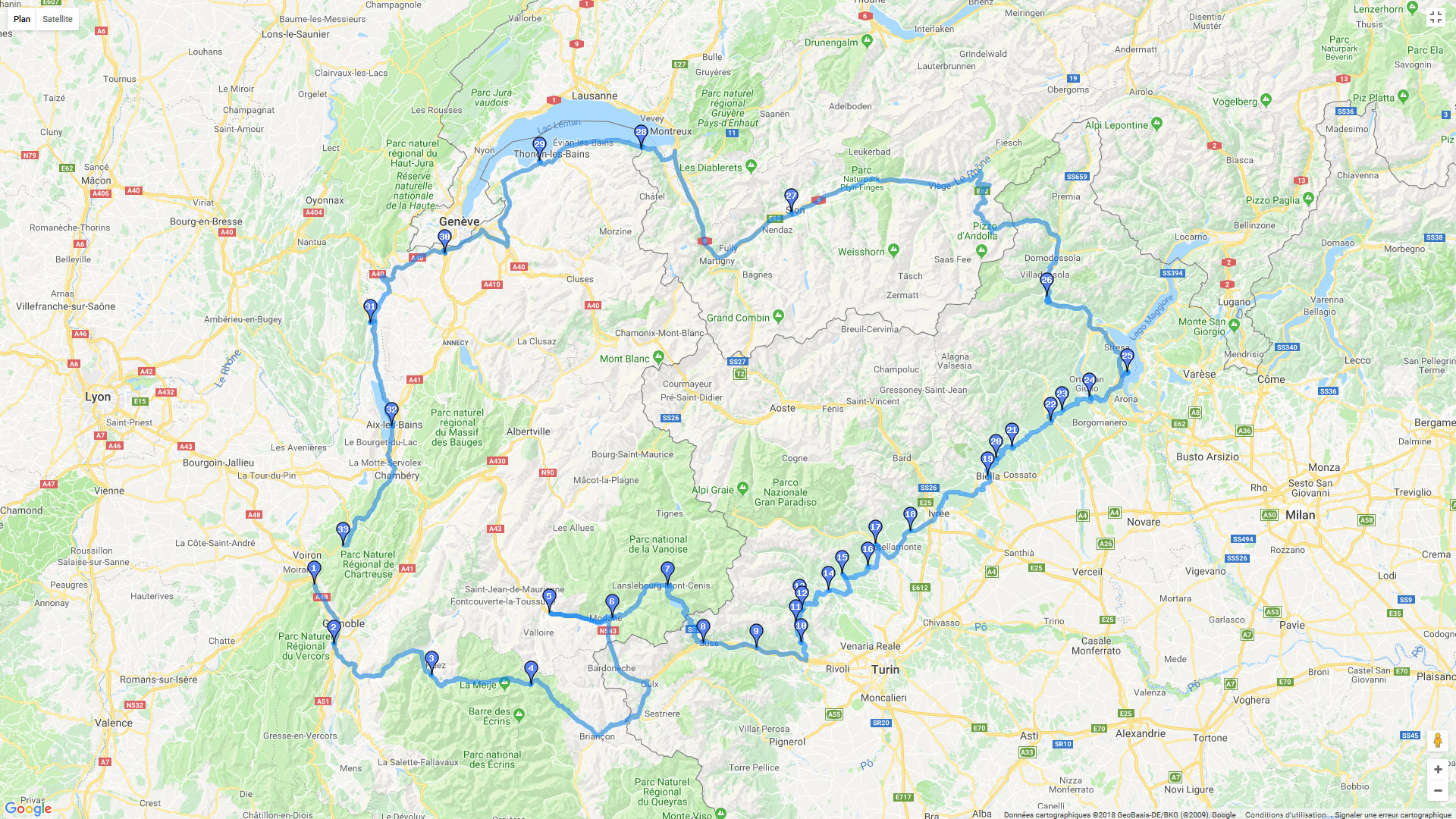 Carte roadbook Suisse, France, Italie