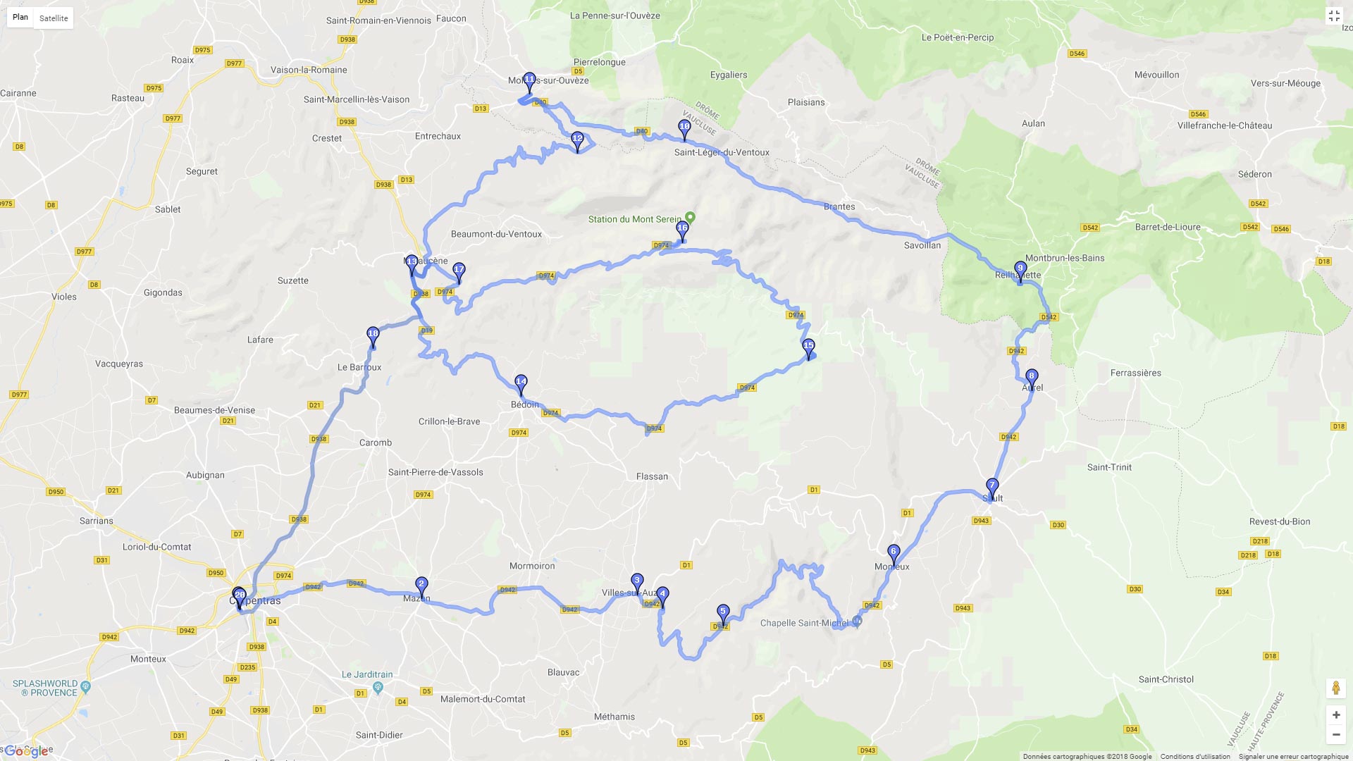 Carte roadbook Gorges de la Nesque, vallée du Toulourenc et Mont Ventoux
