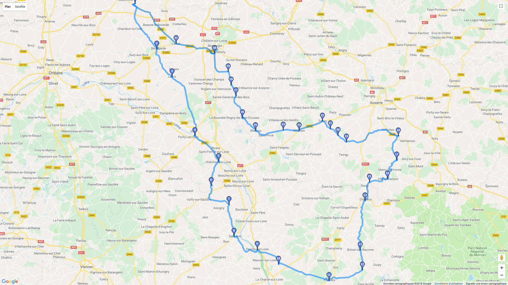Carte roadbook Du Loiret à l'Yonne