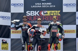 Guintoli, Melandri et Sykes sur le podium à Laguna Seca - crédit photo : WorldSBK