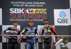 Melandri, Laverty et Guintoli sur le podium de la course 1