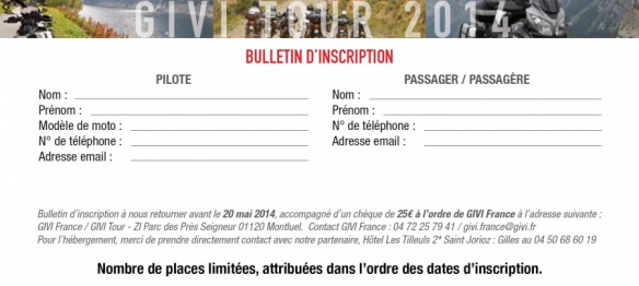Bulletin d'inscription pour le Givi Tour