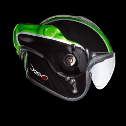Le casque Roof Desmo Flash vert et noir avec mentonnière relevée