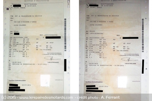 A gauche la carte grise de la 1ère Multistrada française de 160 cv, à droite celle de la première remise en configuration libre