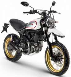 Ducati Scrambler Desert Sled blanc, trois quart avant