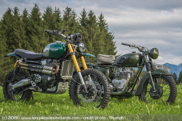 Les Triumph Scrambler 1200 XE et la TR6 du film original Les Triumph Scrambler 1200 XE et la TR6 du film original