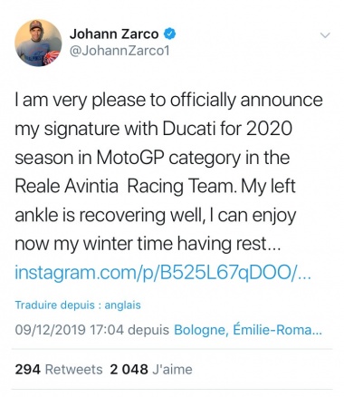 Tweet officiel Zarco signature Ducati