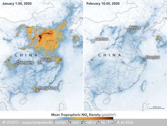 Emission polluantes en Chine avant et après le confinement (c) photo : NASA et ESA