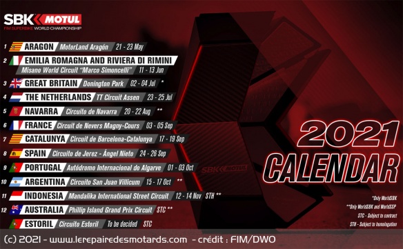 Le nouveau calendrier 2021 du WorldSBK Le nouveau calendrier 2021 du WorldSBK