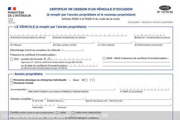 Le Cerfa 15776*02 relatif à la cession d'un véhicule d'occasion