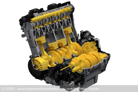 En jaune, toutes les pièces qui ont été modifiées sur le 4 cylindres en ligne En jaune, toutes les pièces qui ont été modifiées sur le 4 cylindres en ligne