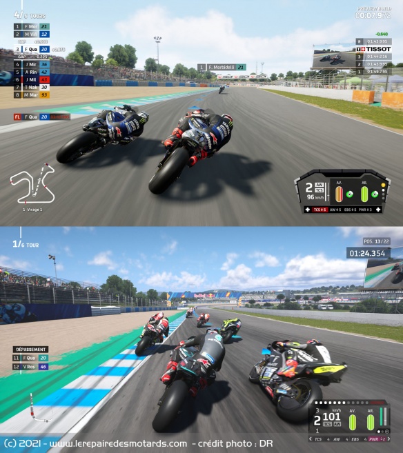 Différences en course entre MotoGP 21 (en haut) et MotoGP 20 (en bas)