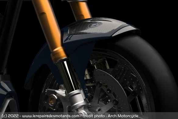 La fourche inversée Öhlins FRGT de l'Arch Motorcycle 1S La fourche inversée Öhlins FRGT de l'Arch Motorcycle 1S