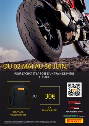 Promos pneus moto Pirelli : 30 euros de remise ou une veste offerte