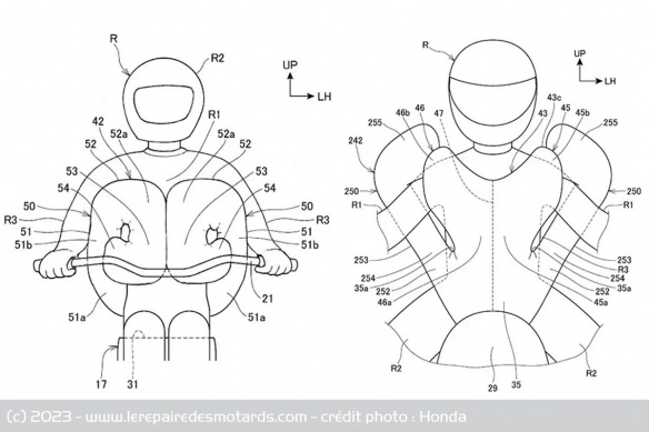 Différents types de déploiement ont été imaginés, mais le principe d'enroulement autour du motard reste le même Différents types de déploiement ont été imaginés, mais le principe d'enroulement autour du motard reste le même