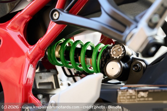 L'amortisseur Showa de la version standard est remplac&eacute; par un &eacute;l&eacute;ment &Ouml;hlins sur la ES