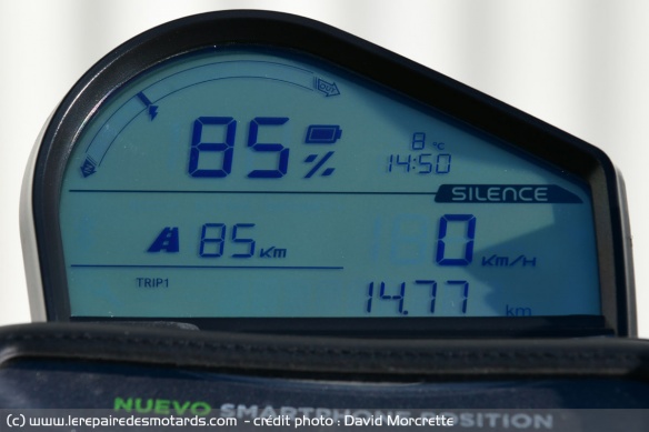 Charge et autonomie restante, vitesse, trip, horloge, conso instantanée