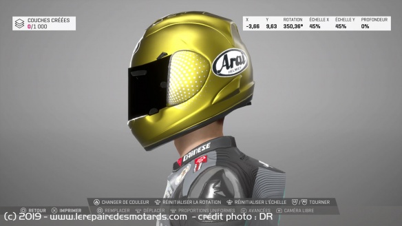 L'éditeur de casque, qui reprend le système vu dans Ride3, est assez complet