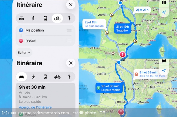 Apple Plan et de nombreuses autres applications établissent des itinéraires différents selon votre mode de déplacement