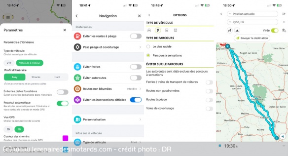 De gauche à droite, l'application Stracks crée des itinéraires off road, Waze demeure très routier. TomTom propose un mode « moto » qui donne accès au menu « parcours à sensations ». qui dispose de curseurs de sinuosité et de relief et offre un mode « vir