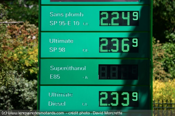 Le prix du carburant sans plomb SP95 à 2.25 et le SP 98 à 2.37