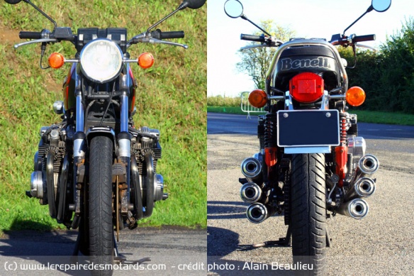 A peine plus large qu'un CB 750 Honda, le moteur est surprenant de compacité. C'est plutôt l'arrière de la machine, restant malgré tout très compact, qui brigue le titre de « plus grande largeur »...