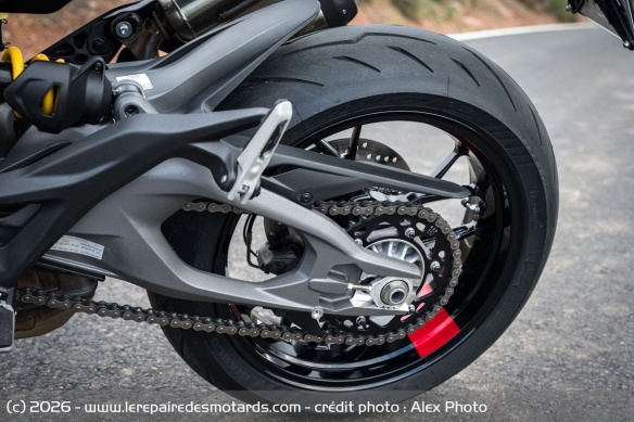 Les jantes à 5 branches en aluminium sont chaussées de pneus Pirelli Diablo Rosso IV