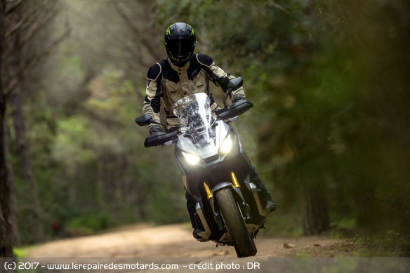 Le Honda X-ADV sur un chemin de forêt