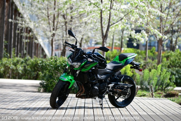 Kawasaki Z400 sous les cerisiers en fleurs