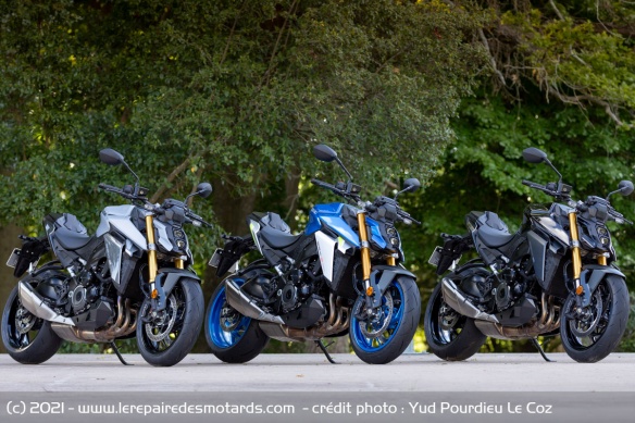 Les trois coloris proposés pour la Suzuki GSX-S 1000