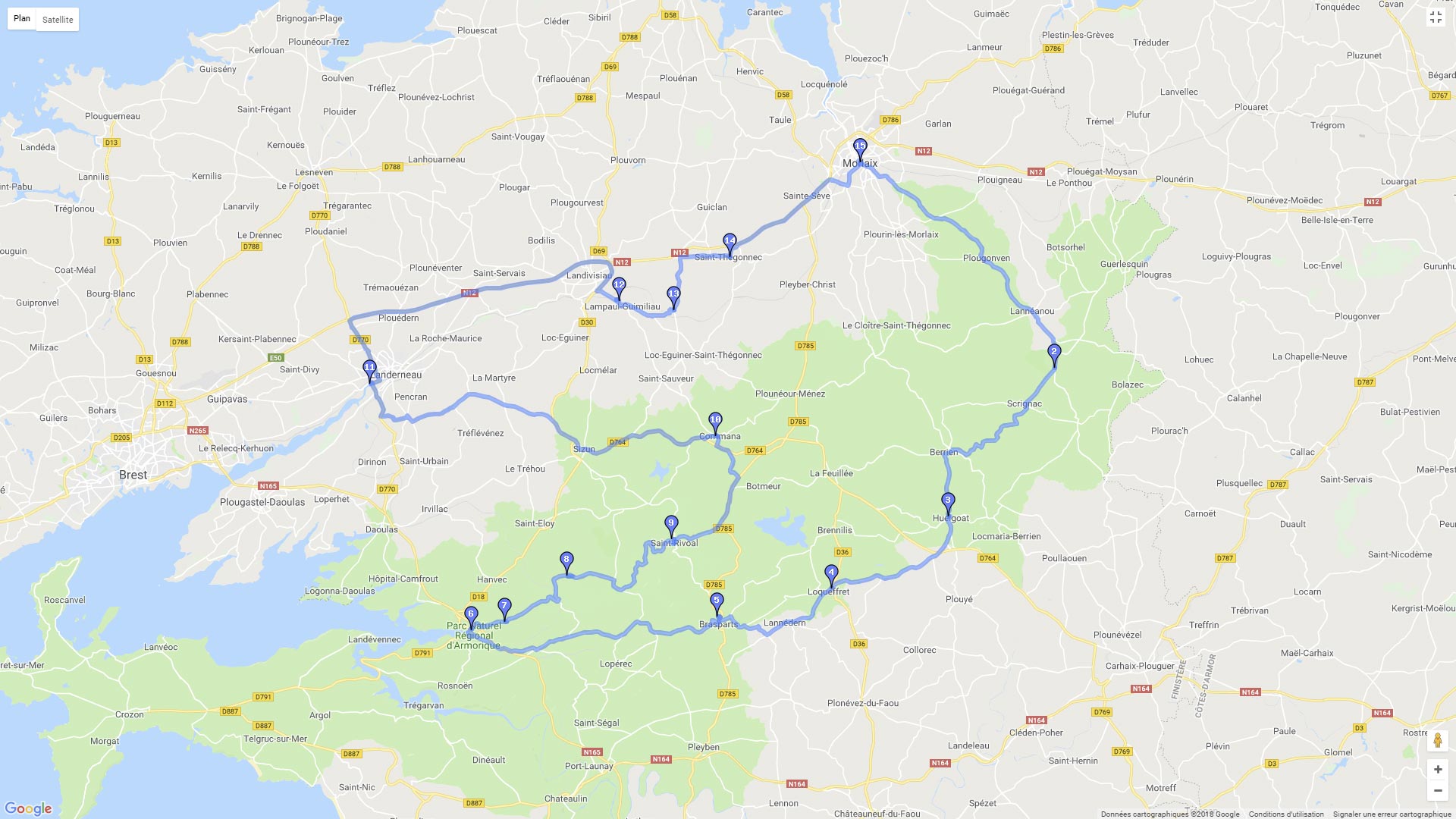 Pour zoomer sur la carte et avoir plus de détails, connectez-vous ! Carte roadbook Les Monts d'Arrée