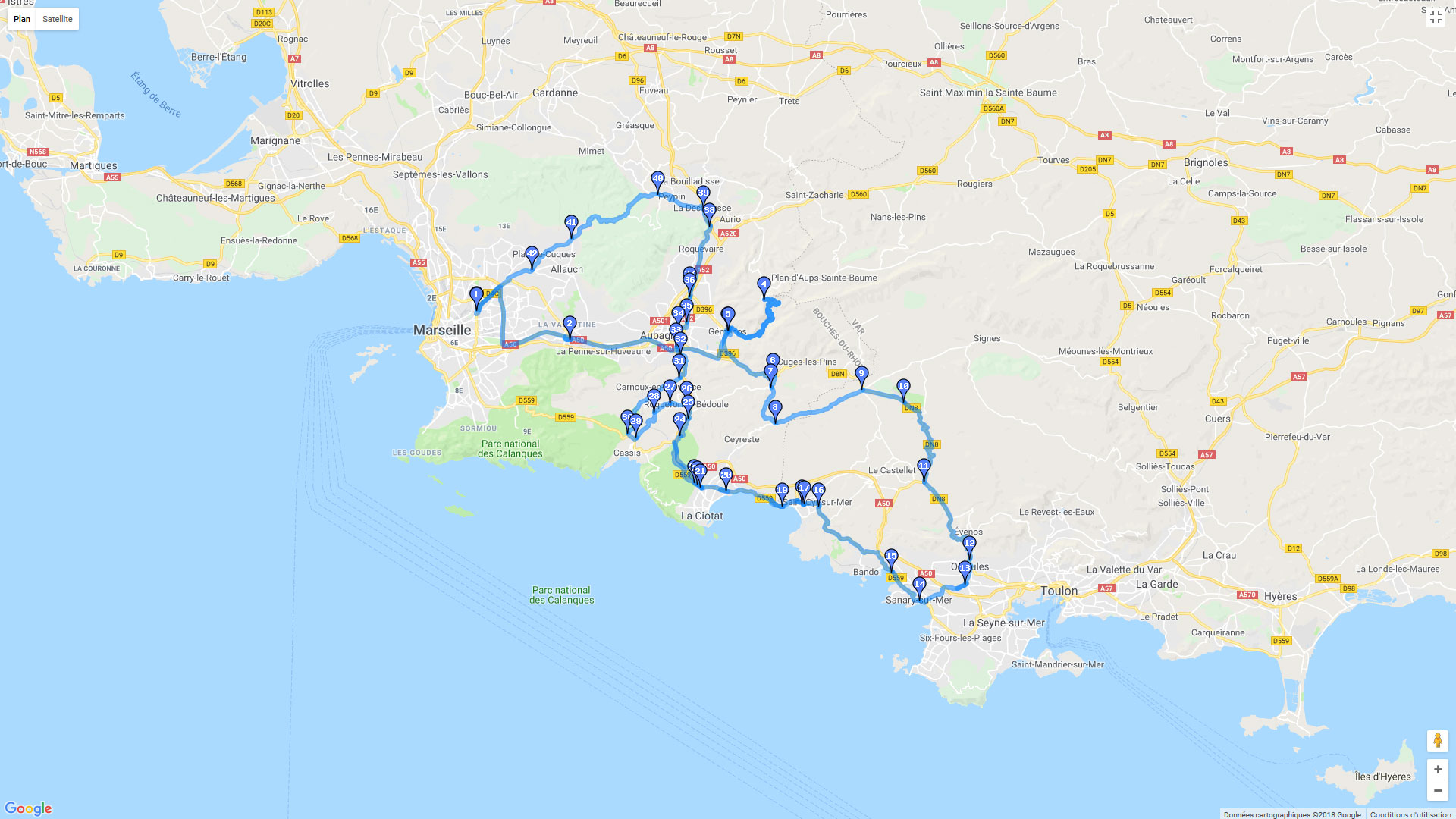 Pour zoomer sur la carte et avoir plus de détails, connectez-vous ! Carte roadbook Boucle Marseille - Toulon