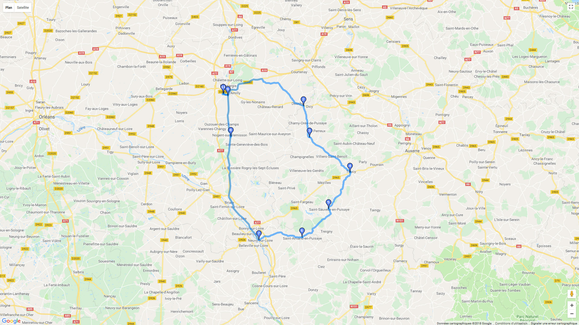 Pour zoomer sur la carte et avoir plus de détails, connectez-vous ! Carte roadbook L'Est du département du Loiret