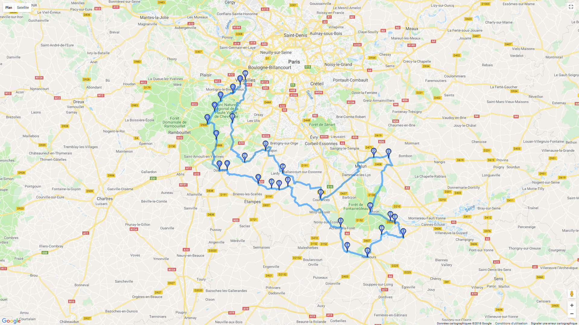 Pour zoomer sur la carte et avoir plus de détails, connectez-vous ! Carte roadbook De la Chevreuse à Fontainebleau