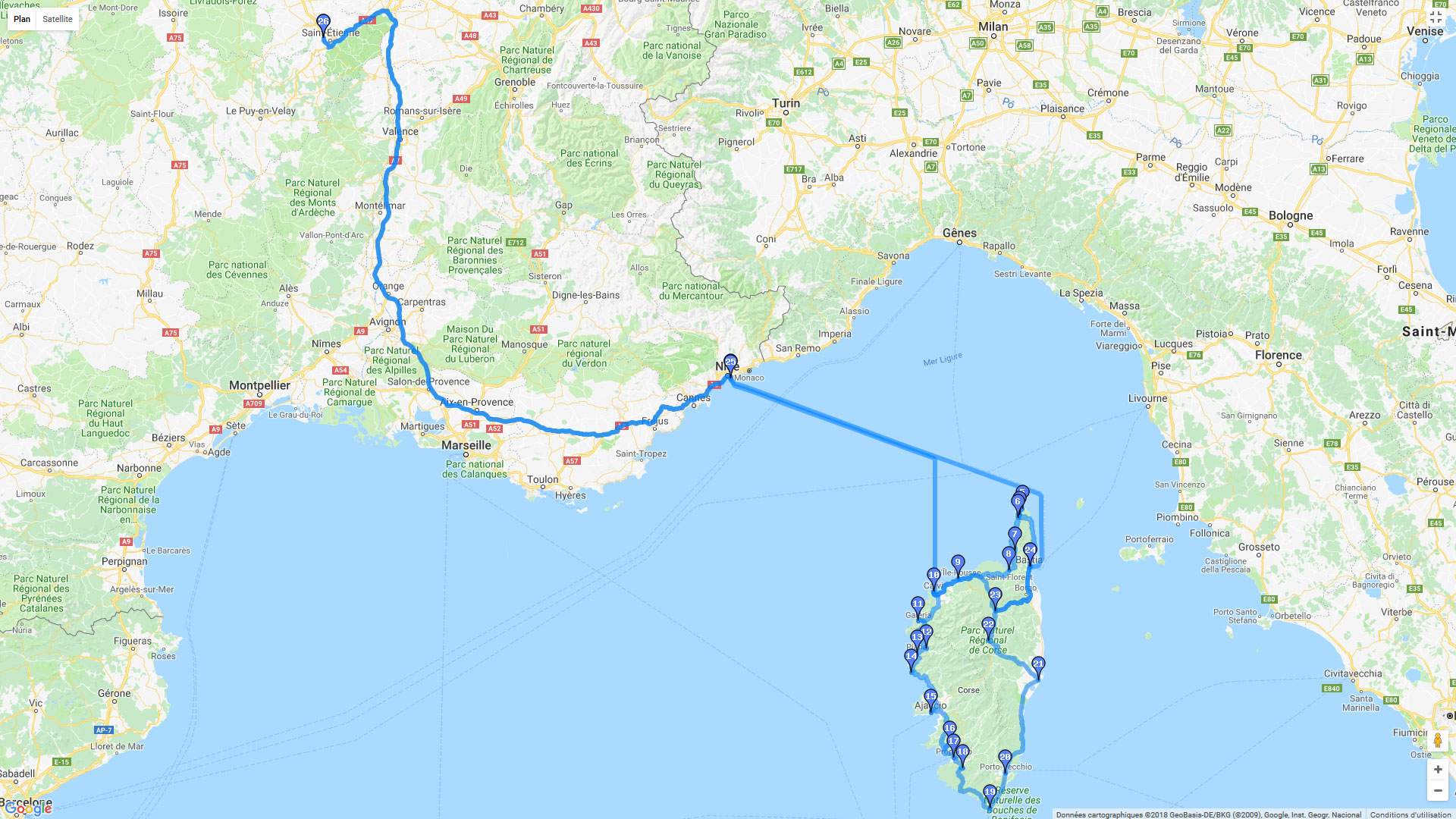 Pour zoomer sur la carte et avoir plus de détails, connectez-vous ! Carte roadbook La Corse par la côte