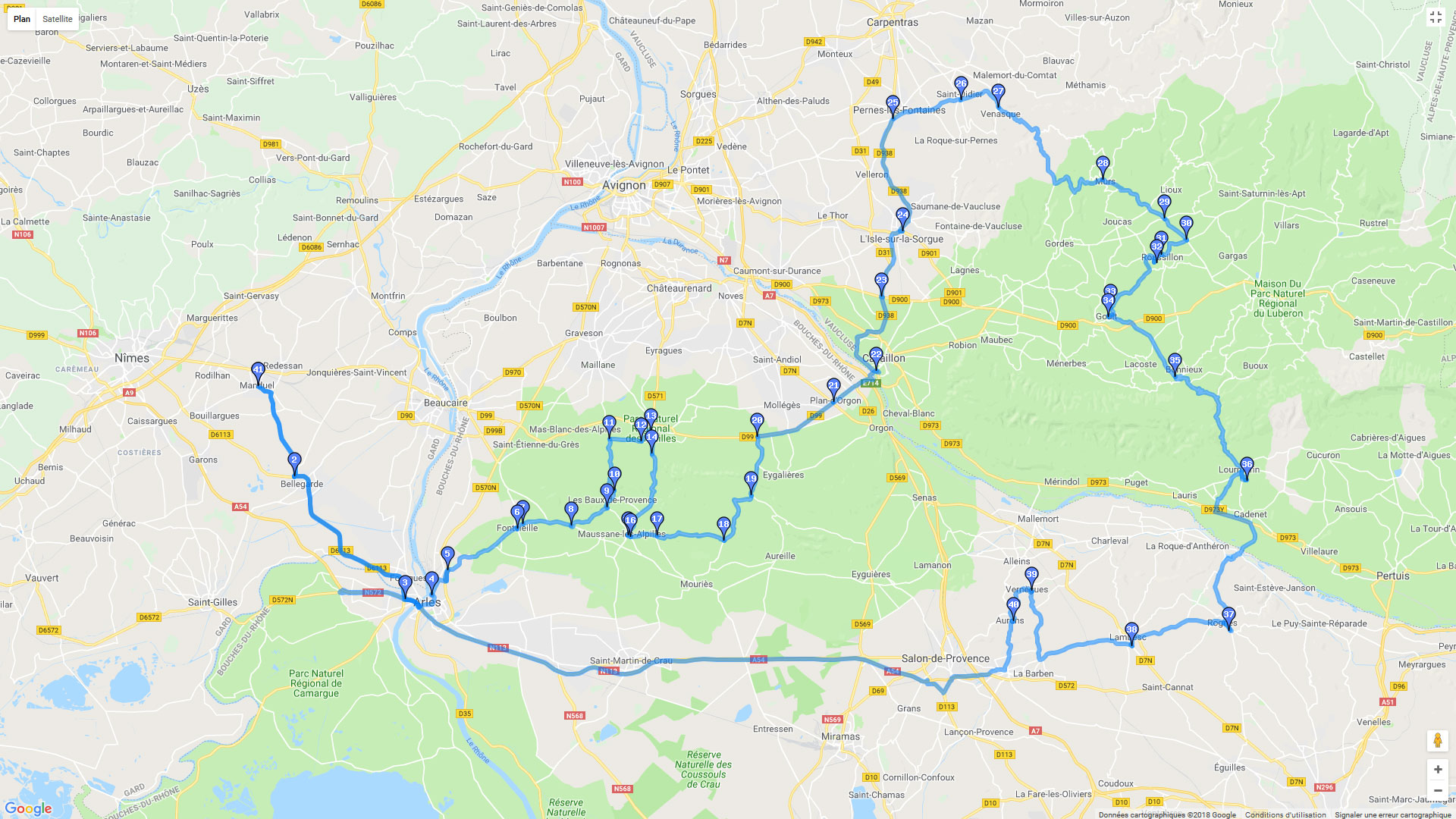 Pour zoomer sur la carte et avoir plus de détails, connectez-vous ! Carte roadbook Arles - Cavaillon - Apt