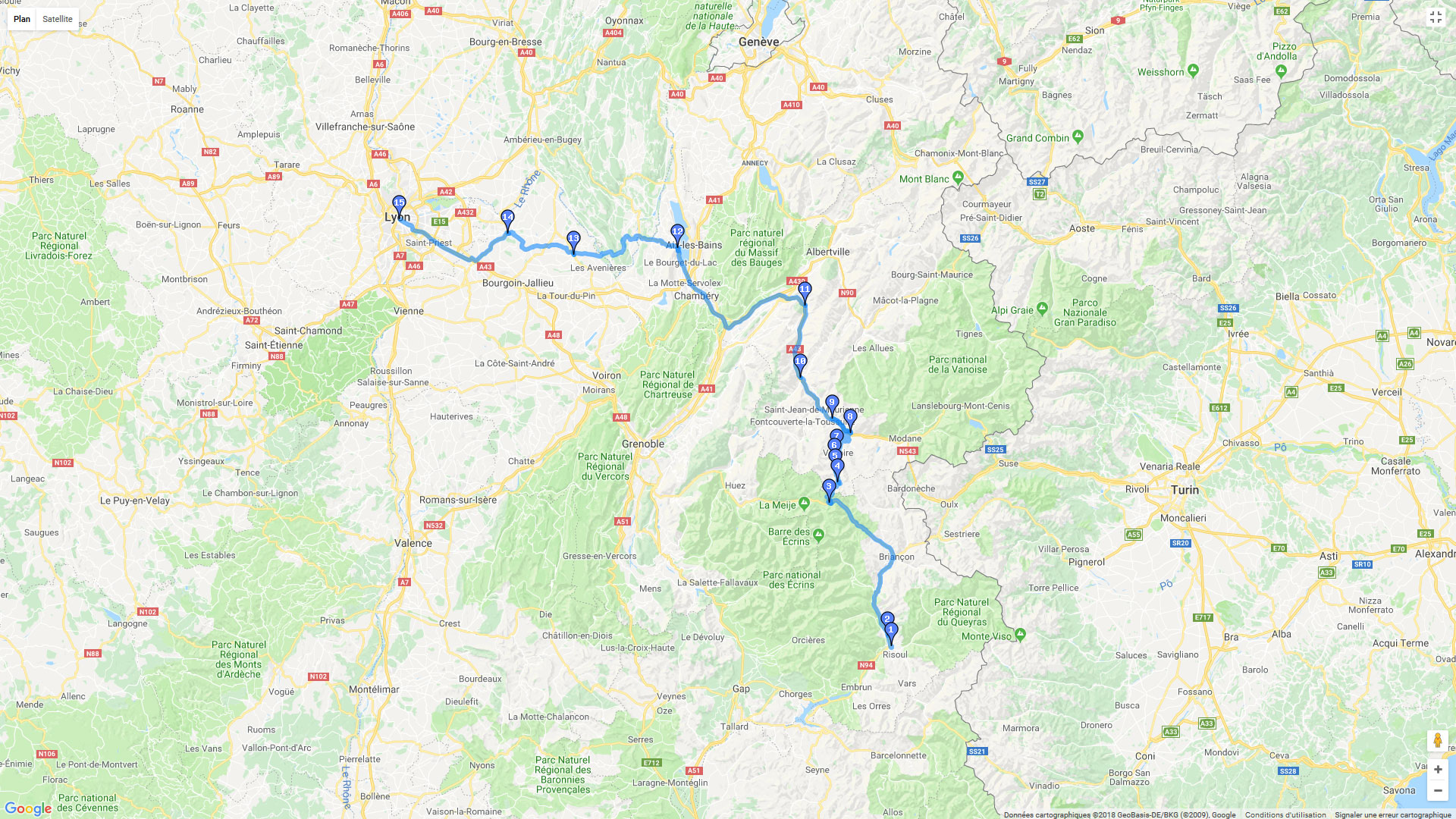 Pour zoomer sur la carte et avoir plus de détails, connectez-vous ! Carte roadbook Mont Dauphin - Valloire - Lyon