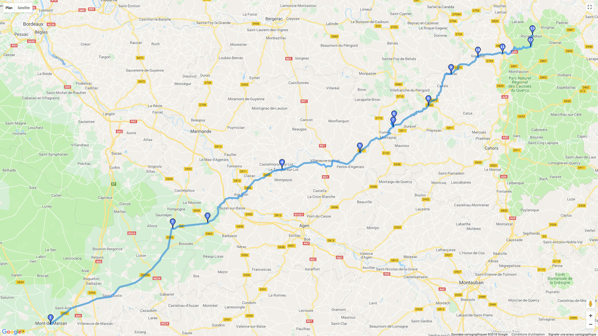 Pour zoomer sur la carte et avoir plus de détails, connectez-vous ! Carte roadbook Mont-de-Marsan - Rocamadour